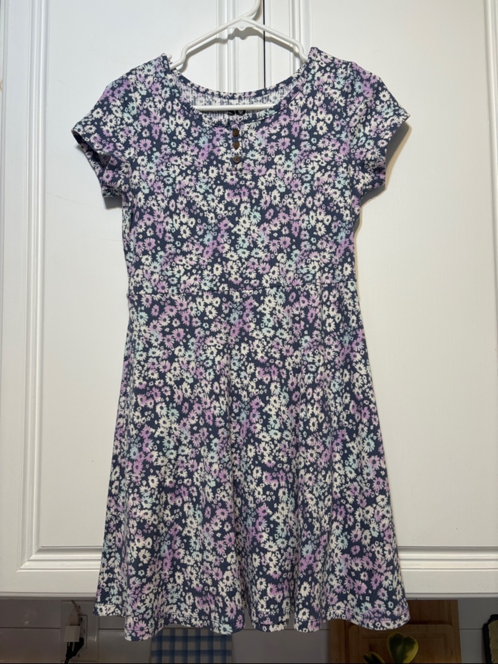 Girls Navy Floral Short Sleeve Casual Dress with Purple and White Blooms